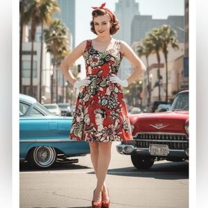 Retrolicious Frida Kahlo Floral Print Fit & Flare Dress Red Size L 
Novelty